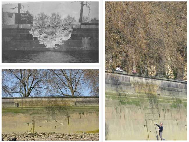 a) Victoria Tower Embankment Gardens (Houses of Parliament): bomb damage to river wall, 17th April 1941. Photo by LCC’s Thames Flood Prevention Emergency Repair team b) and c) 1940’s concrete repair as seen in 2010, with incised lines to mimic ashlar blocks. (P Kennedy, Thames Discovery Programme).