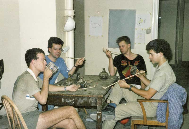 Back in the day, when smoking and drinking were permitted! From L to R: Dominic (a student from Stuttgart); [can't remember who it is behind Dom - any ideas?]; Martin Watts; Mark Hinman.  The 18th-century finds were from a rather nice post-med well (see photo 8) which we reckoned had been backfilled with stuff from the clearance of an inn!