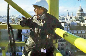 TEX88 Chrissie having climbed 100 feet up the site crane