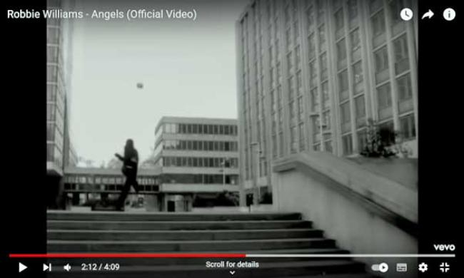 Robbie Williams in Paternoster Square in 1997 following in the sporting footsteps of countless ‘young archaeologists’ who came before him. Screen-grabs taken from the video to ‘Angels’